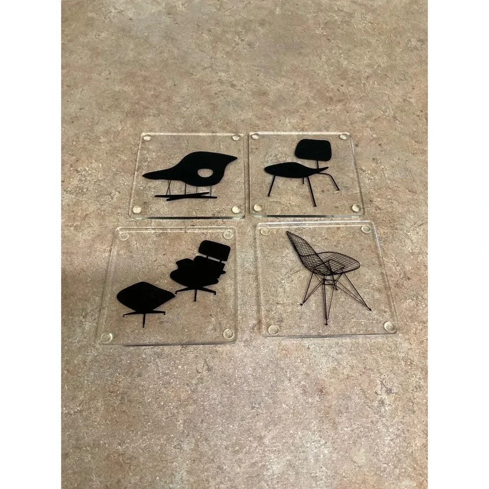 Eames Era Mid Century Modern Acrylic Coaster Set 4pc Iconic Chair Silhouettes